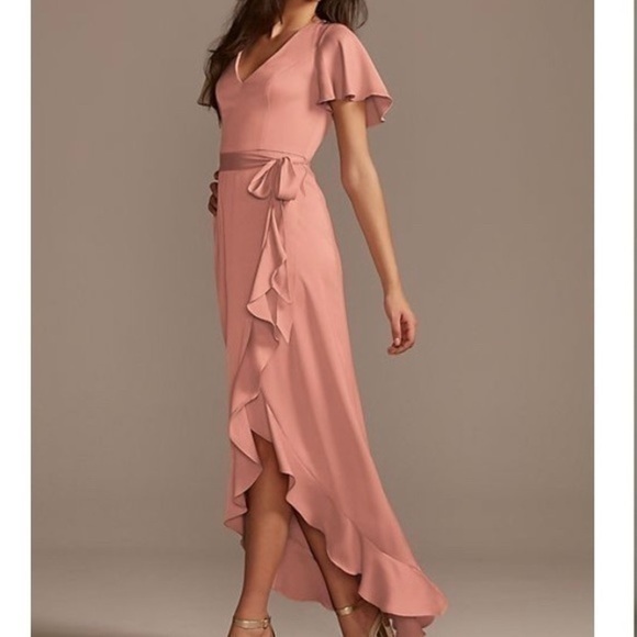 David’s Bridal Hi Lo Flutter Sleeve Satin Dress Dessert Coral - Picture 1 of 6